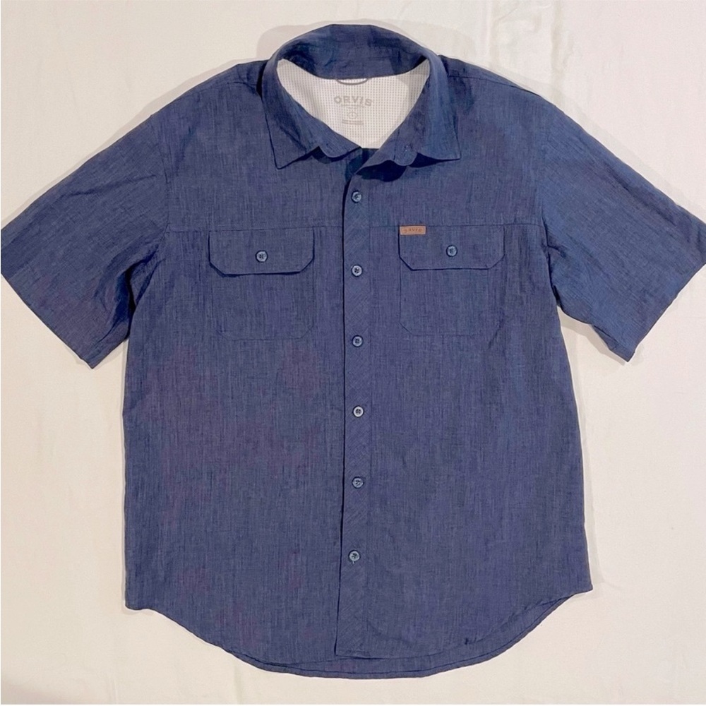 Orvis Tech Shirt Mens Large Quick Dry Blue Short Sleeves Pockets Summer UPF 30+